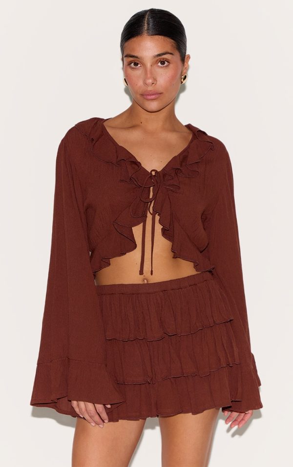 Petite Chocolate Cheesecloth Ruffle Tie Front Long Sleeve Top