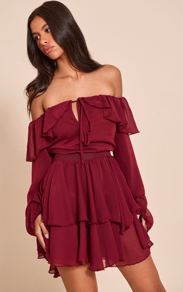 Petite Wine Chiffon Frill Detail Mini Dress