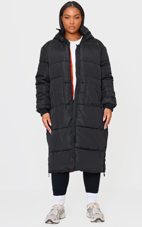 Plus Black Maxi Contrast Hooded Puffer Jacket