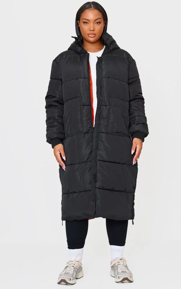 Plus Black Maxi Contrast Hooded Puffer Jacket