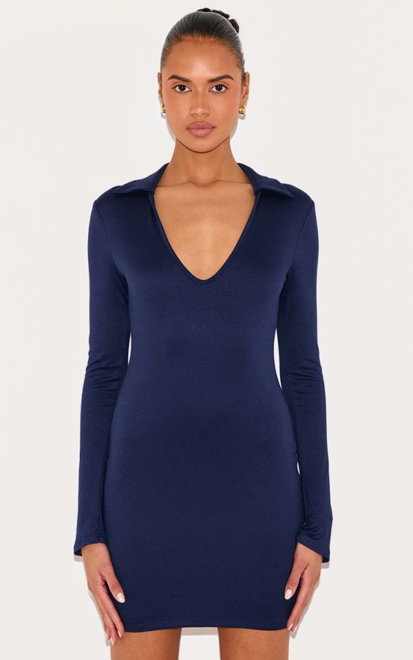 Navy Double Contour Collar Detail Long Sleeve Bodycon Dress