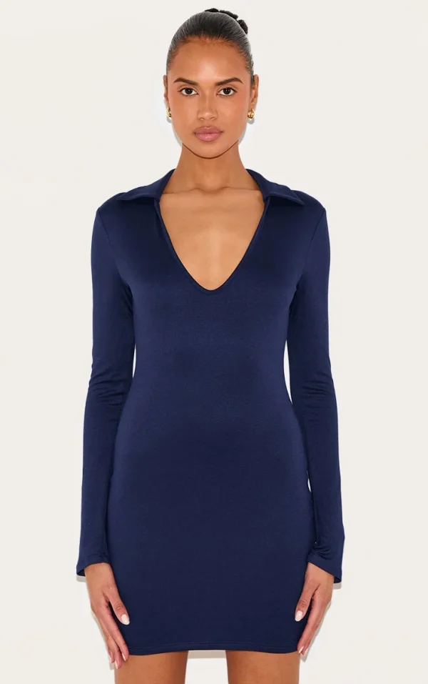 Navy Double Contour Collar Detail Long Sleeve Bodycon Dress