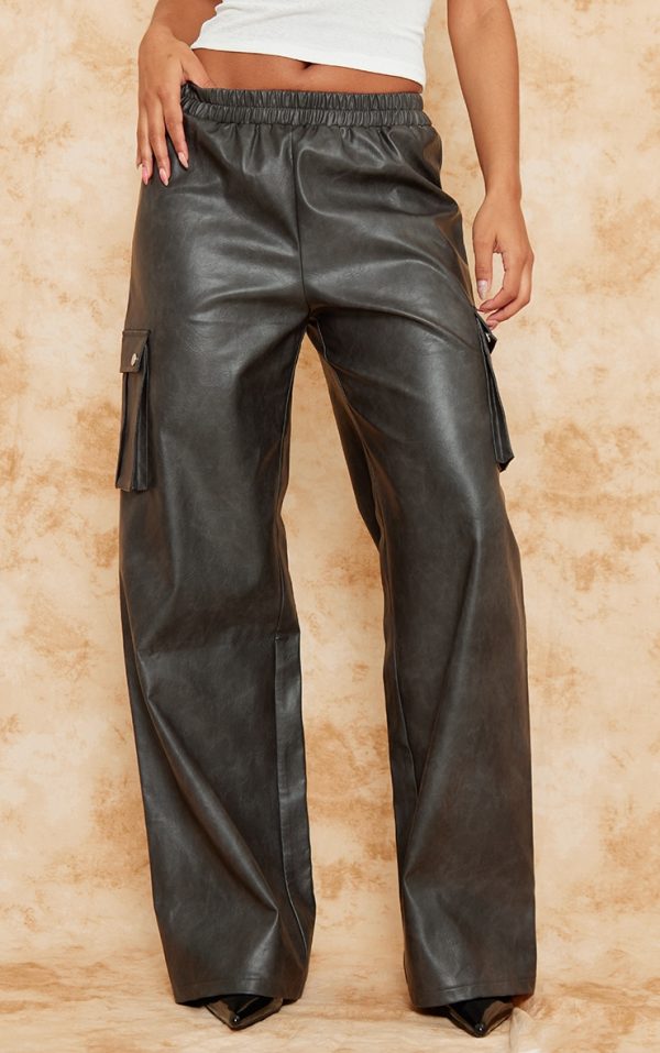 Premium Washed Black Faux Leather Wide Leg High Waisted Cargo Pants