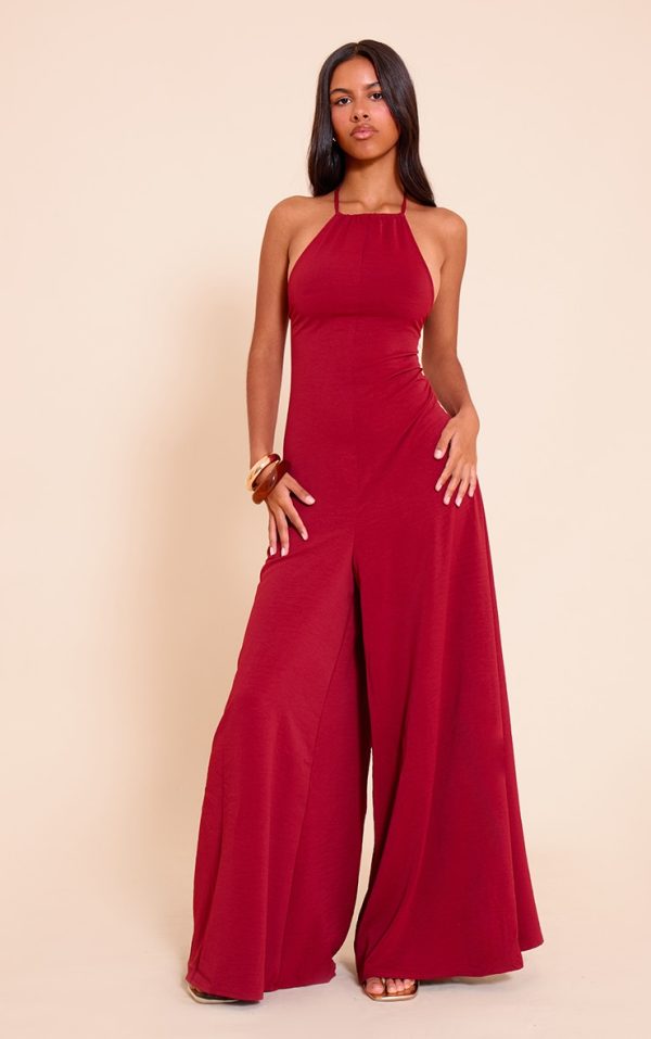 Petite Deep Red Floaty Woven Backless Extreme Wide Leg Jumpsuit