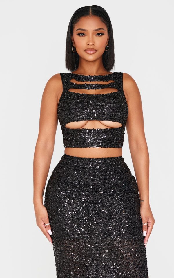 Shape Black Sequin Cut Out Top