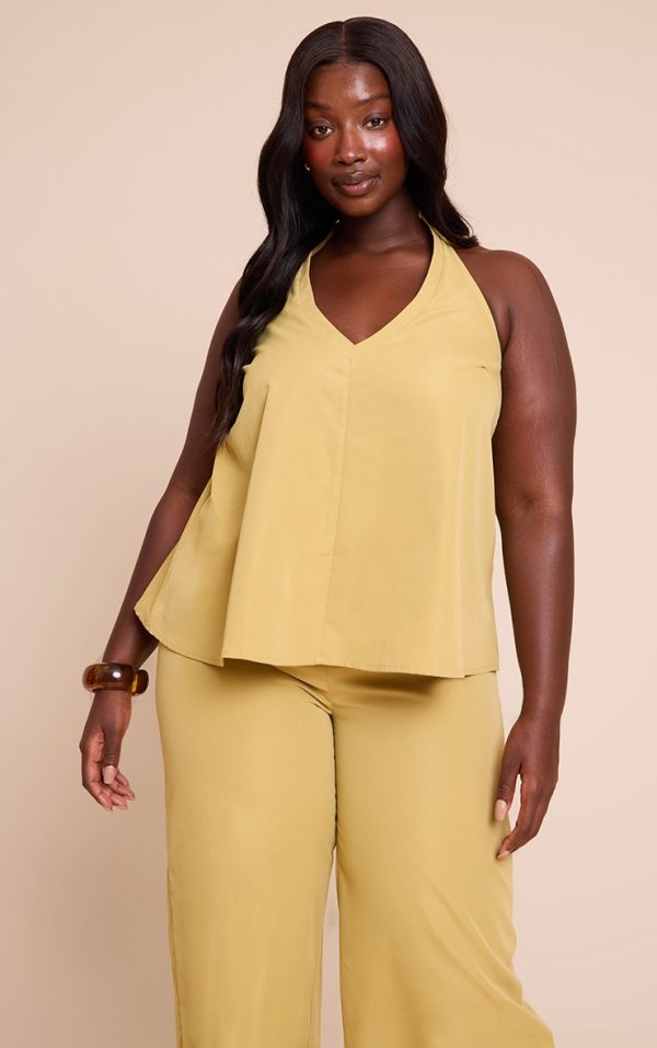 Plus Warm Sand Tailored Halter Frill Detail Top