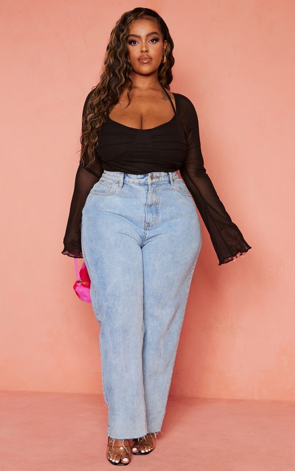 Plus Black Mesh Sleeve Halter Neck Bodysuit