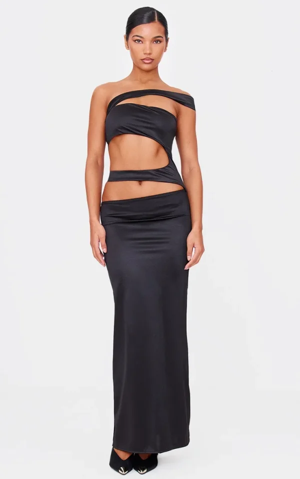 Black Stretch Satin Cut Out Maxi Dress