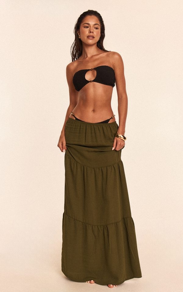 Khaki Linen Look Tiered Maxi Beach Skirt