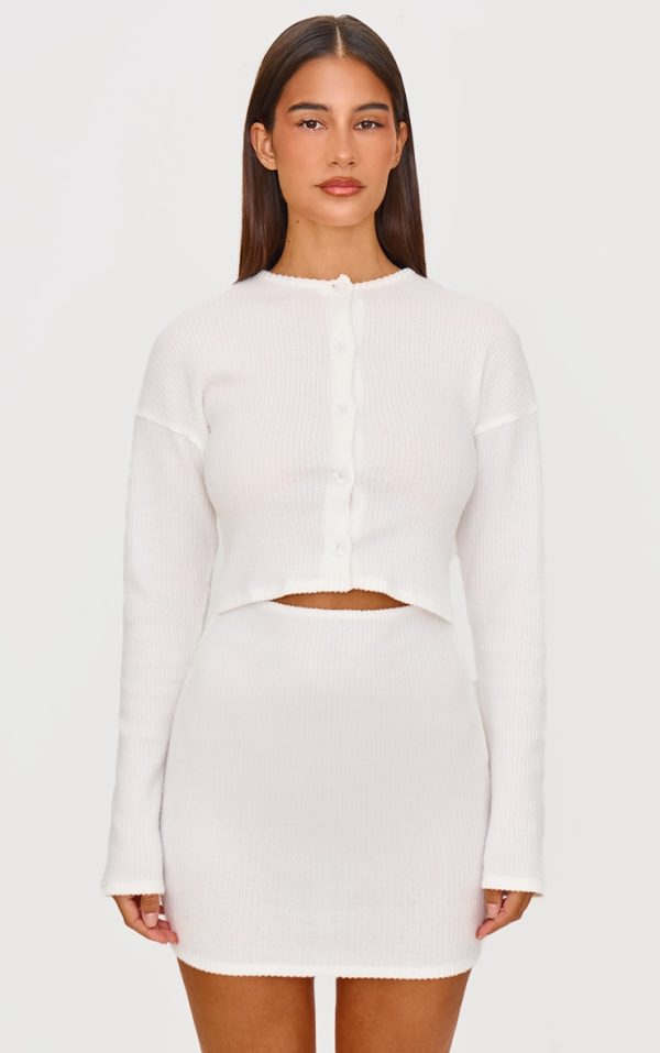 Cream Brushed Rib Button Detail Long Sleeve Bodycon Dress