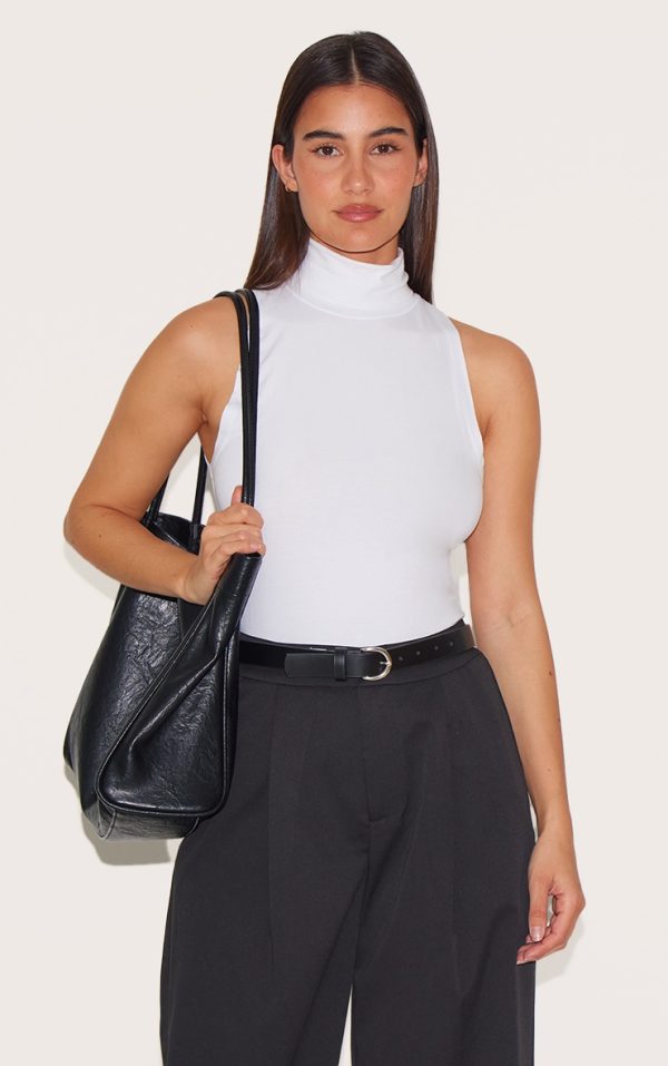 White Modal Cotton High Neck Sleeveless Long Top