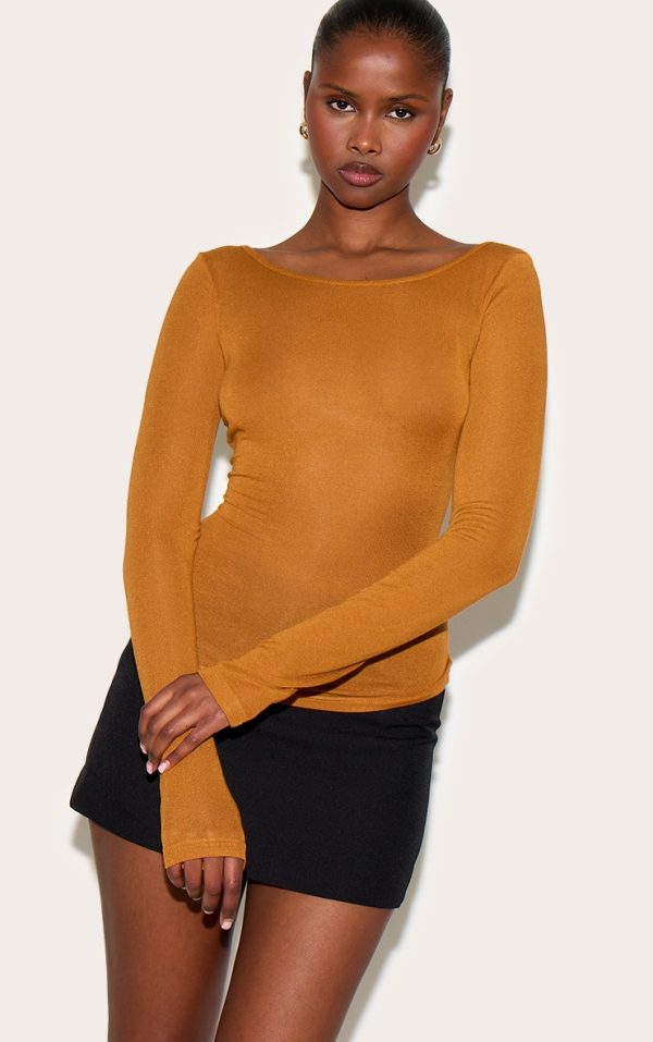 Tan Sheer Soft Touch Crew Neck Long Sleeve Top