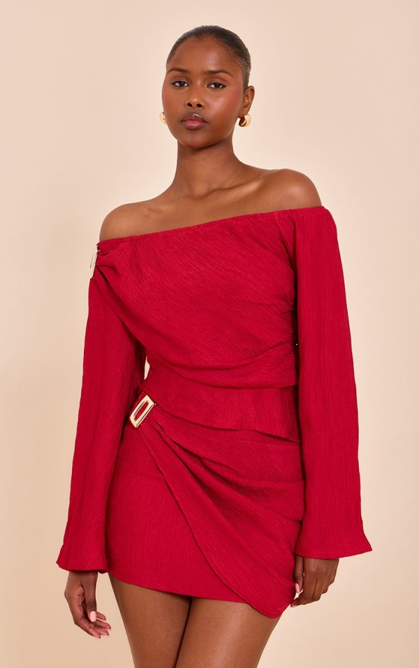 Tomato Red Textured Mid Rise Mini Skirt