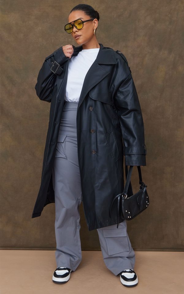 Plus Black Faux Leather Statement Buckle Trench Coat