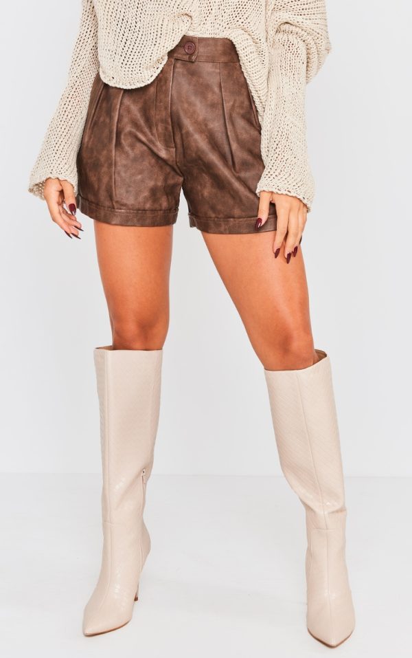 Premium Brown Washed Faux Leather Pleat Detail Shorts