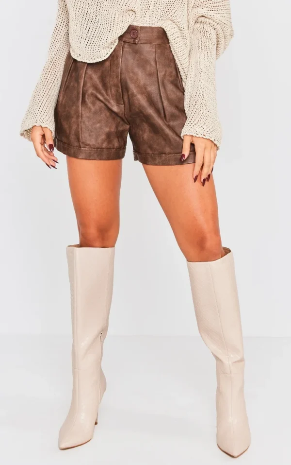 Premium Brown Washed Faux Leather Pleat Detail Shorts