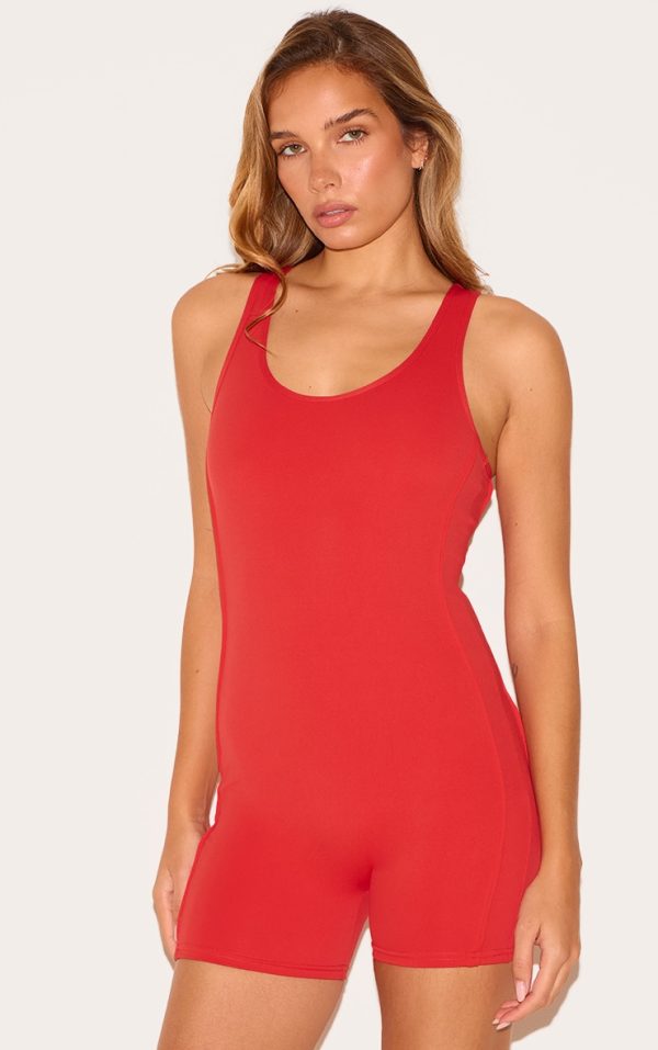 Red Sculpt Contrast Binding Scoop Neck Unitard