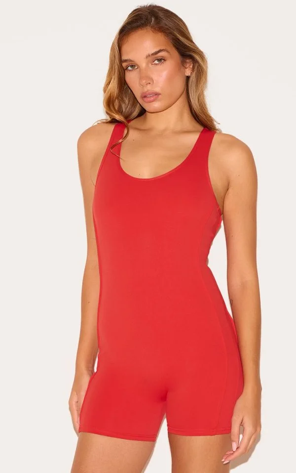 Red Sculpt Contrast Binding Scoop Neck Unitard