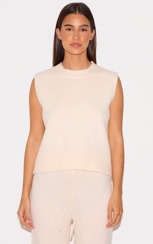 Ecru Marl Soft Knit High Sleeveless Top