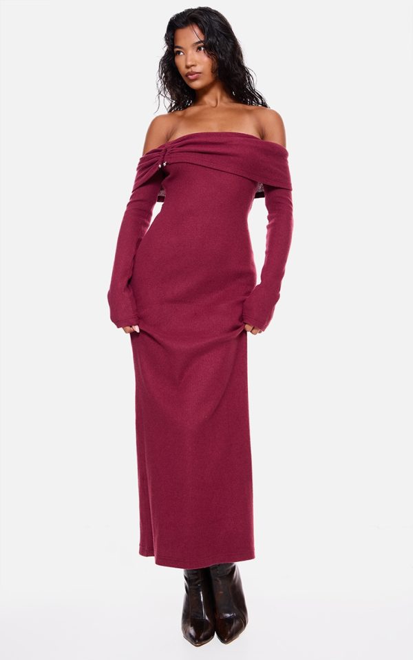 Burgundy Heavy Brushed Rib Bardot Trim Maxi Dress