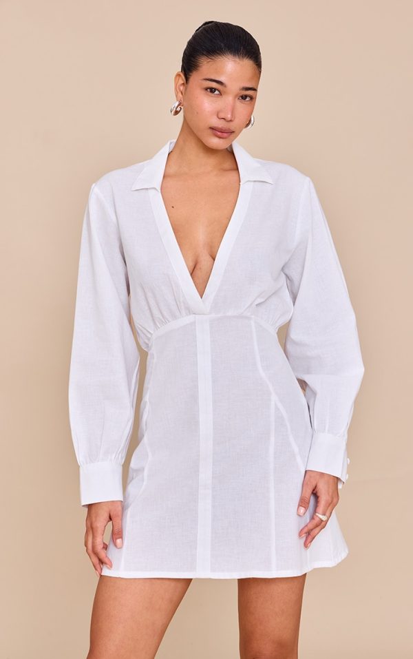 White Plunge Shirt Dress
