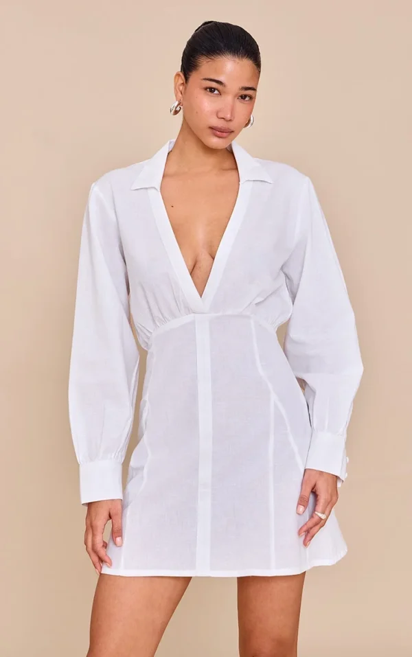 White Plunge Shirt Dress