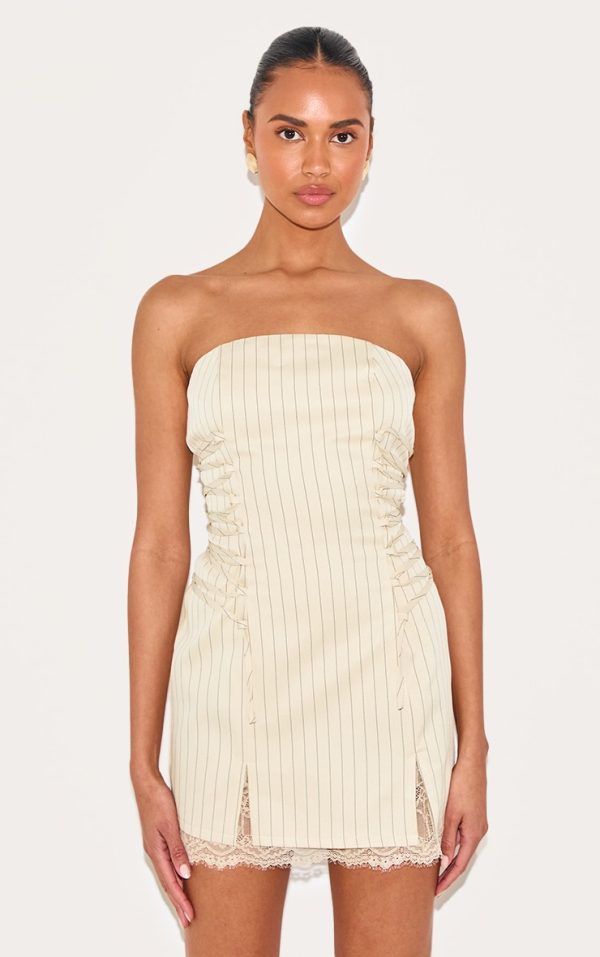 Cream Pinstripe Bandeau Lace Trim Shift Dress