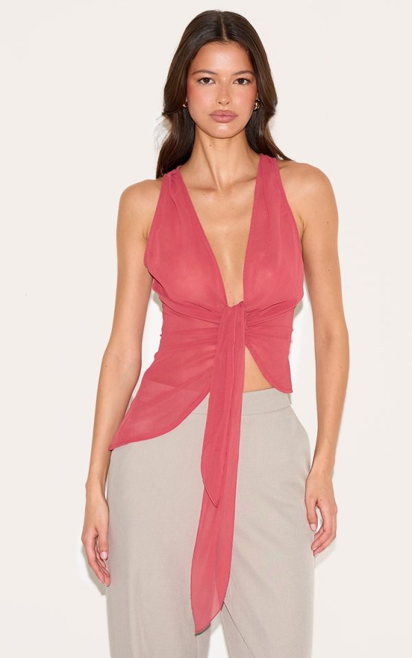 Blush Rose Drape Plunge Front Chiffon Long Top