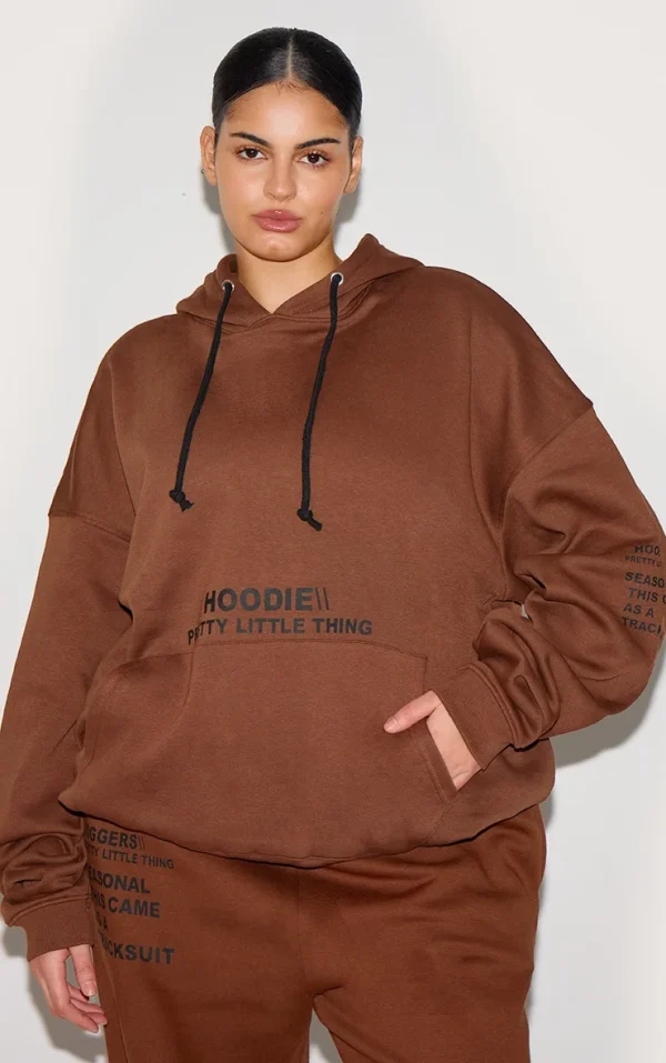 PRETTYLITTLETHING Plus Chocolate Oversized Fit Graphic Printed Hoodie