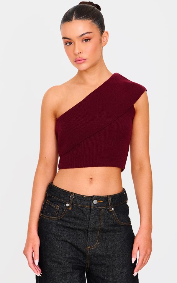 Burgundy Soft Rib Knit One Shoulder Fold Over Crop Top