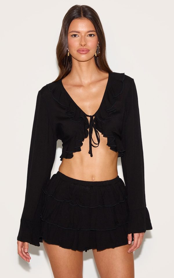 Black Cheesecloth Ruffle Tie Front Long Sleeve Top