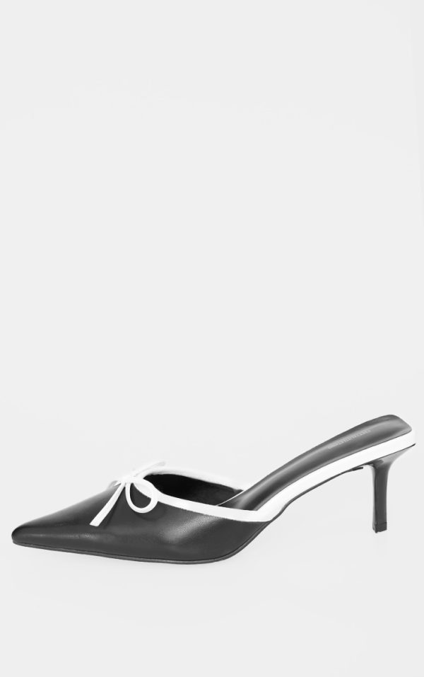 Monochrome Pu Point Toe Bow Detail Mid Heeled Court Mules