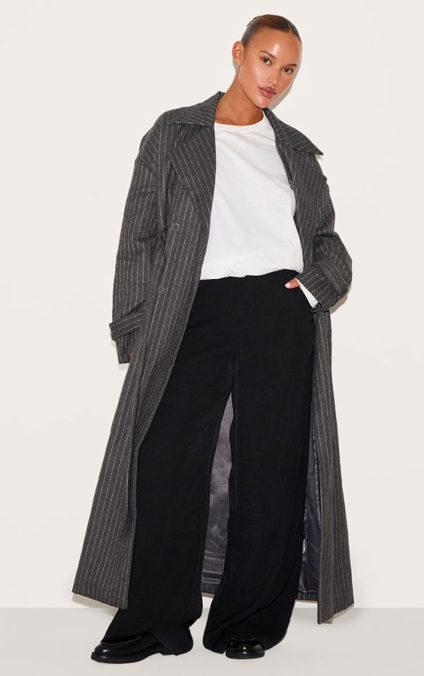 Plus Charcoal Pinstripe Wool Look Double Breasted Belted Coat