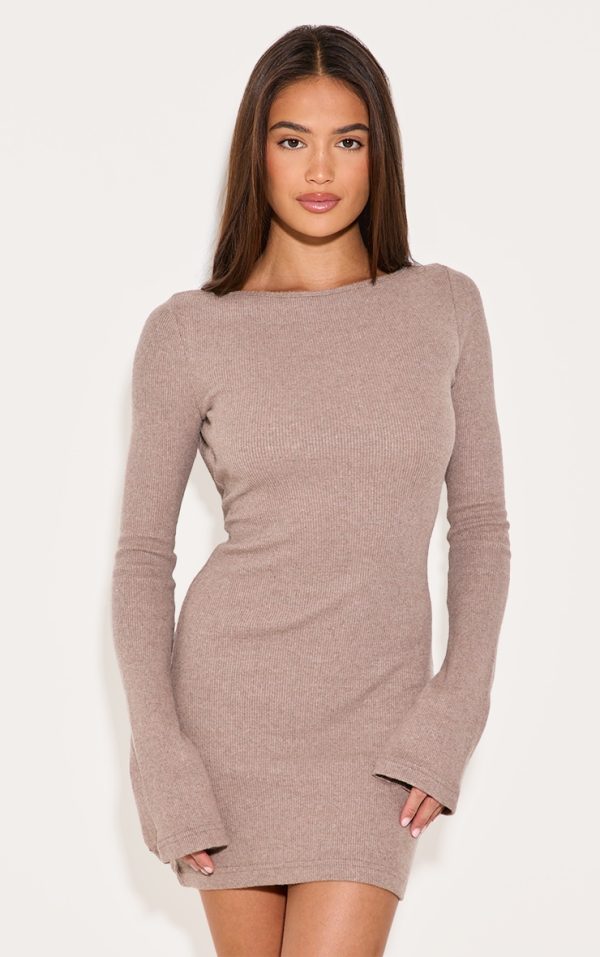 Mushroom Heavy Brushed Rib Flared Sleeve Shift Dress
