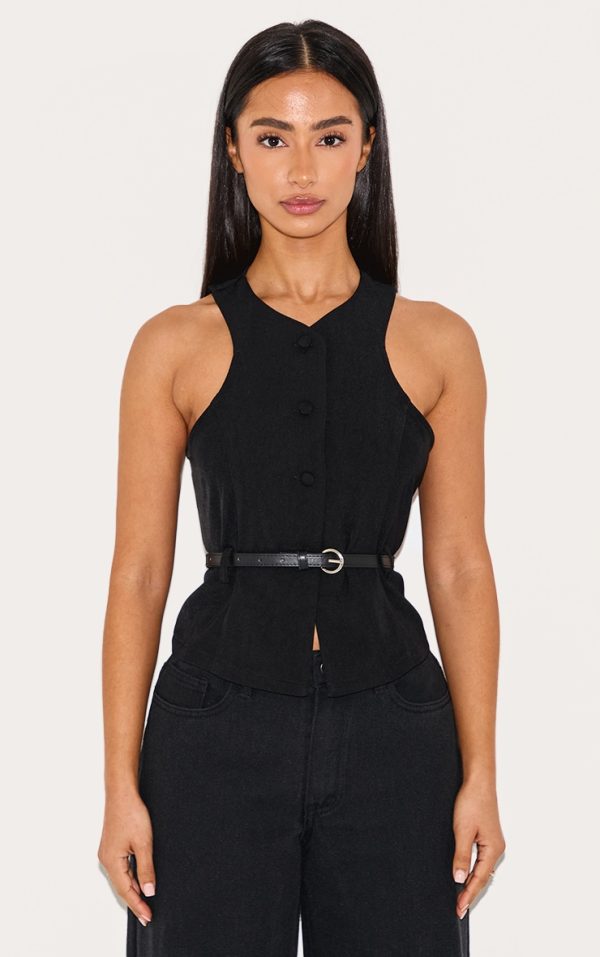 Petite Black Racer Belt Detail Longline Vest
