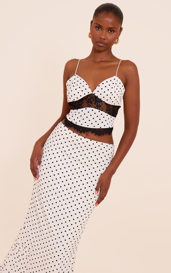 White Polka Dot Lace Detail Cami Top
