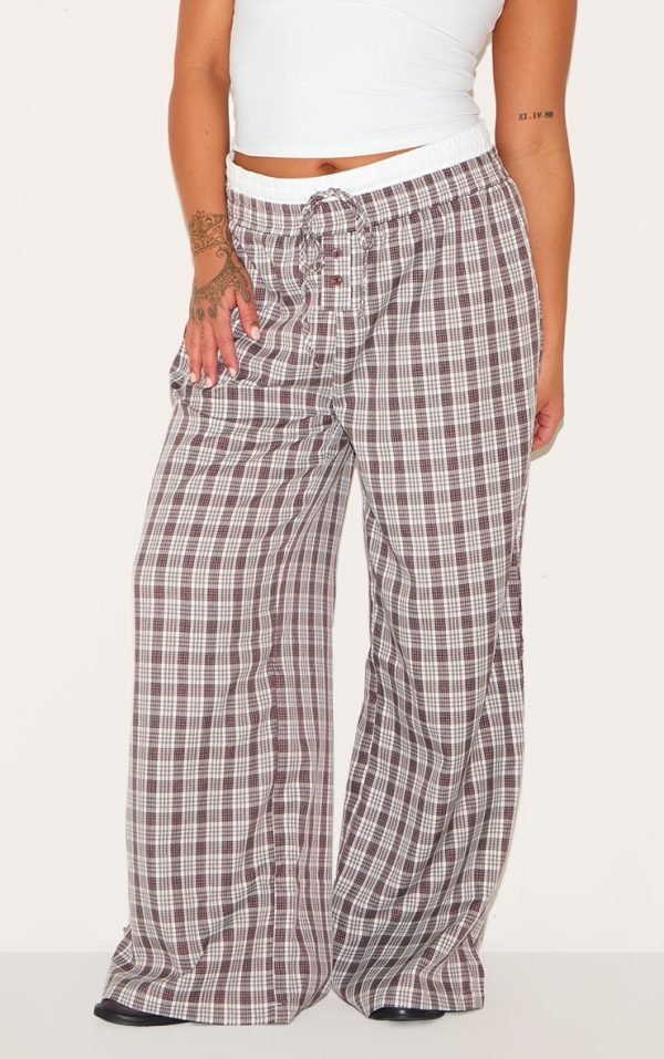 Plus Brown Gingham Print Button Front Straight Leg Pants