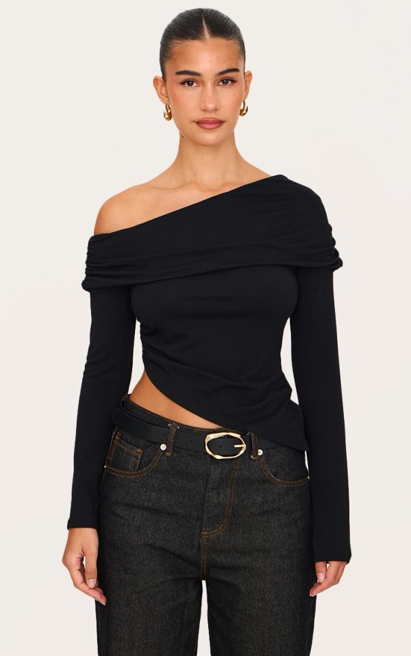 Black Contour Jersey Fold Over Detail Bardot Long Sleeve Top