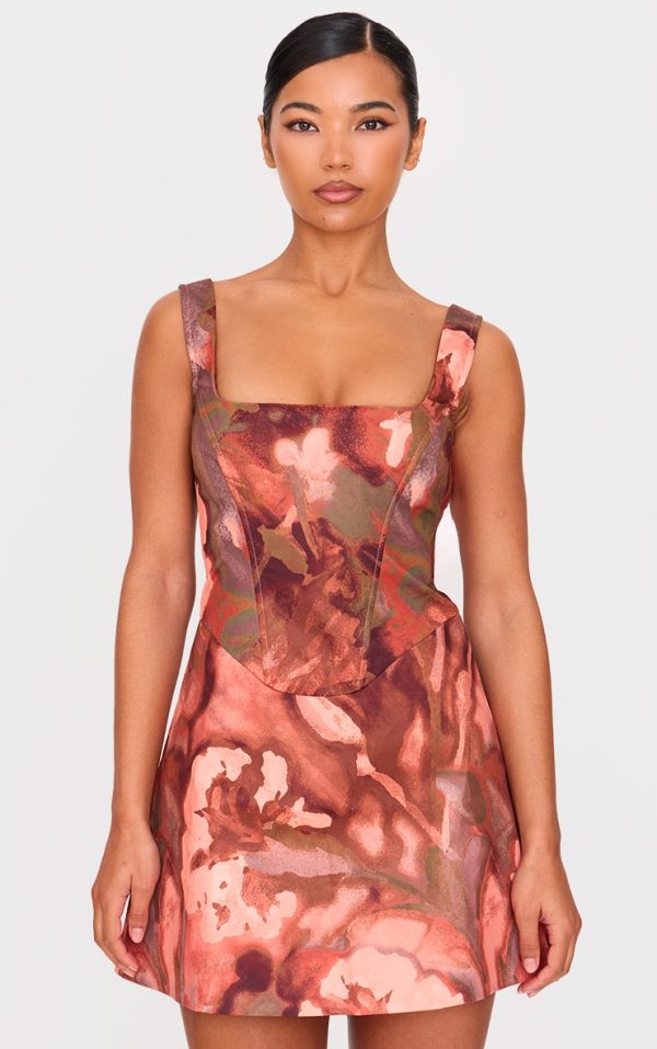 Brown Floral Corset A Line Shift Dress