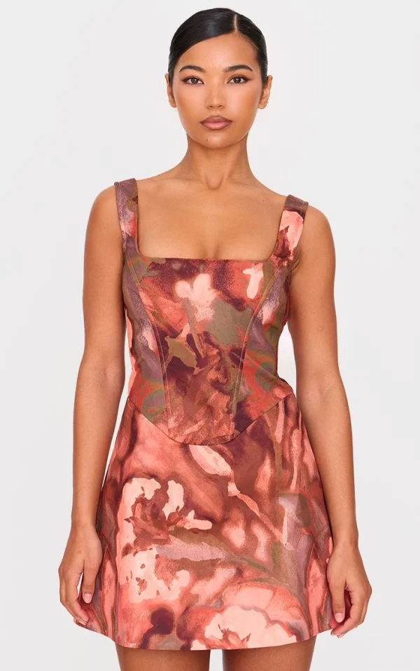 Brown Floral Corset A Line Shift Dress