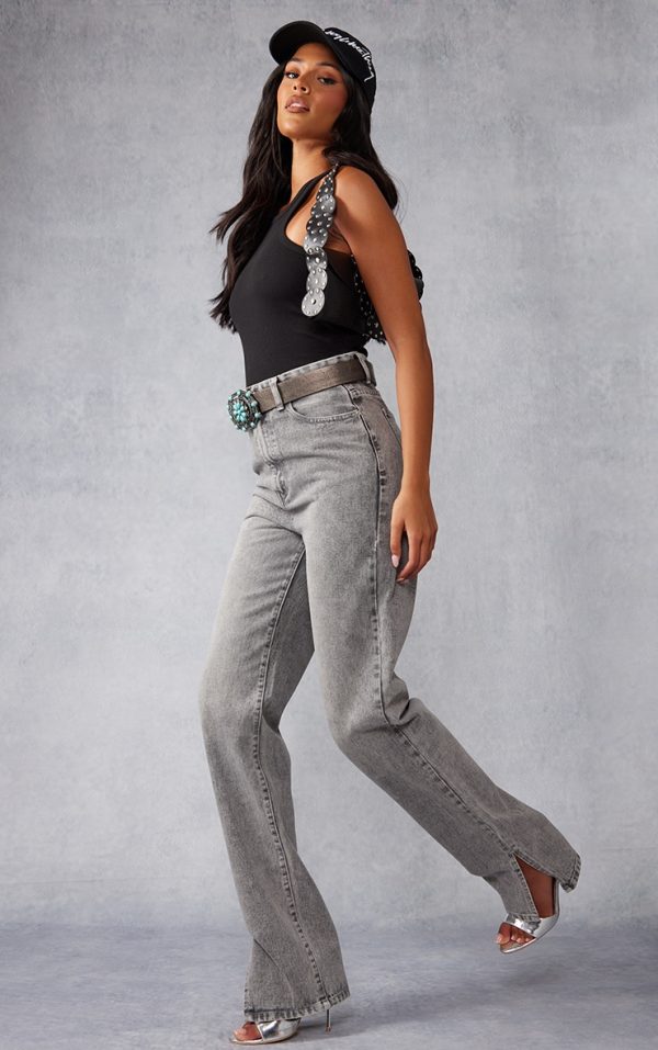Tall Washed Grey High Rise Split Hem Detail Jeans