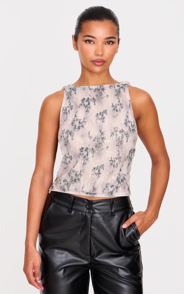 Grey Textured Glitter Cowl Back Long Top