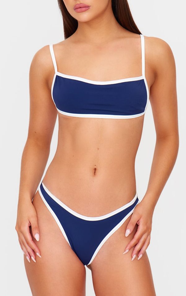 Navy Micro Contrast High Leg Bikini Bottoms