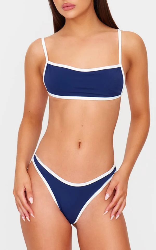 Navy Micro Contrast High Leg Bikini Bottoms