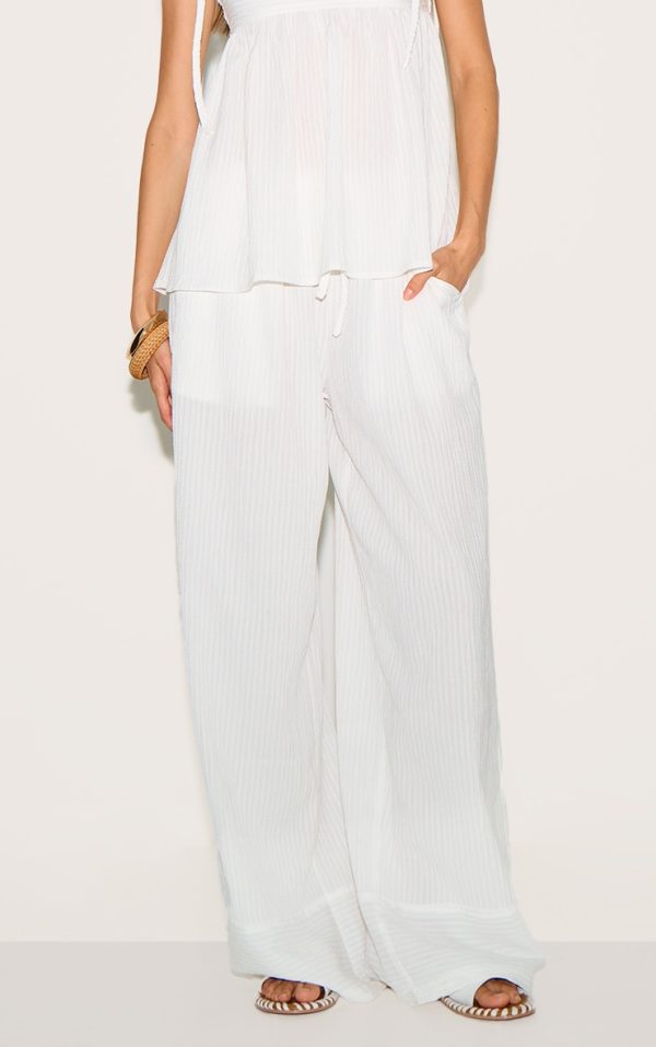 White Woven Textured Straight Leg Pants