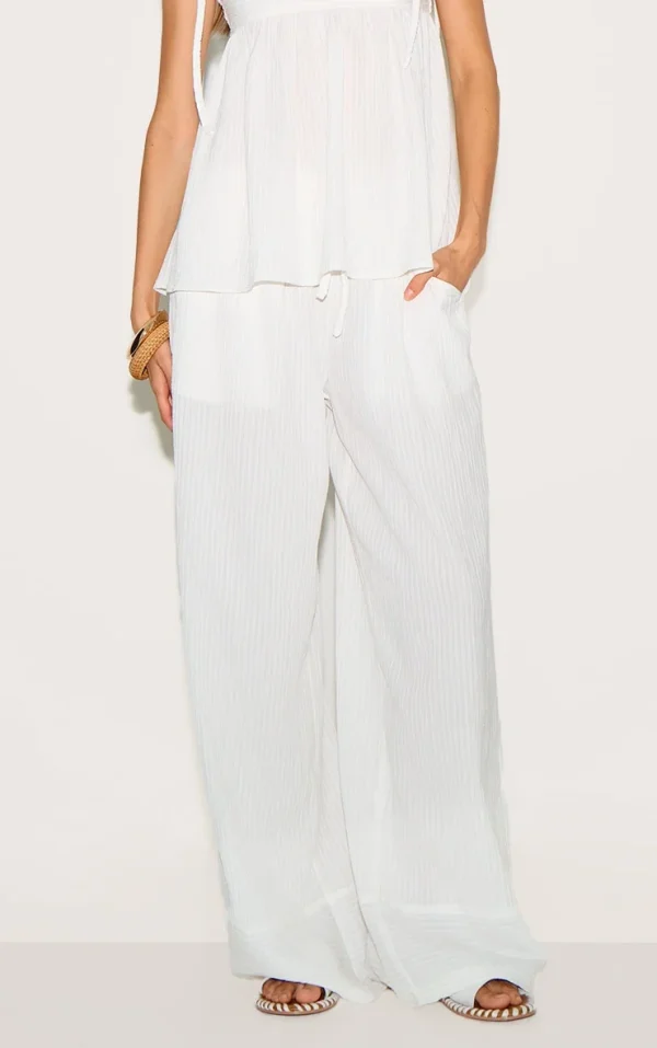 White Woven Textured Straight Leg Pants