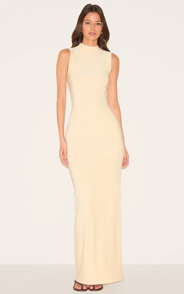 Almond Double Layer High Neck Sleeveless Maxi Dress