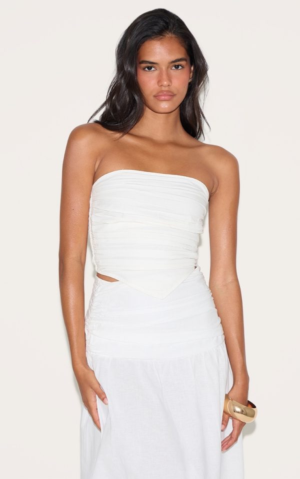 White Cotton Poplin Ruched Front Bandeau Top