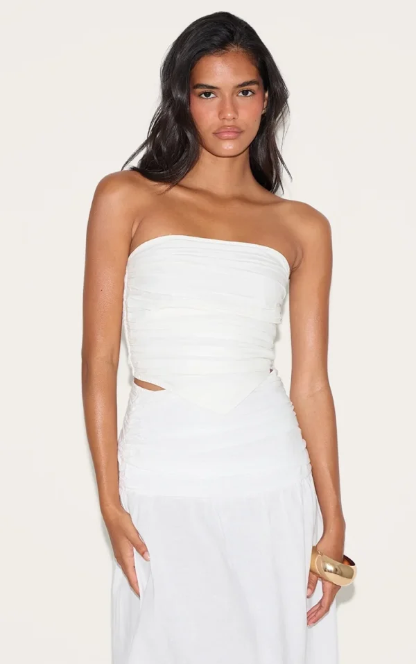 White Cotton Poplin Ruched Front Bandeau Top