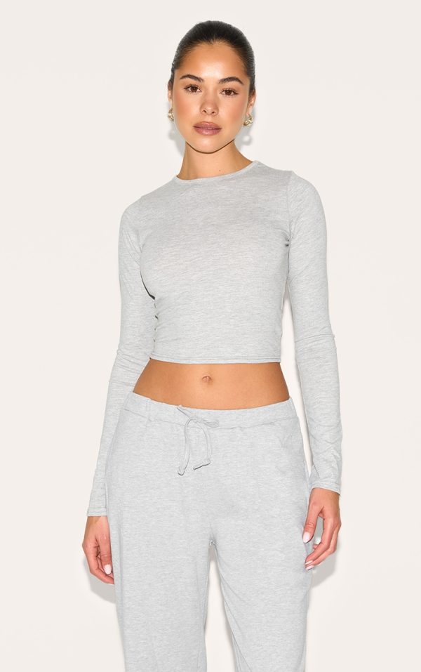 Ash Grey Cotton Jersey Long Sleeve Crew Neck Top